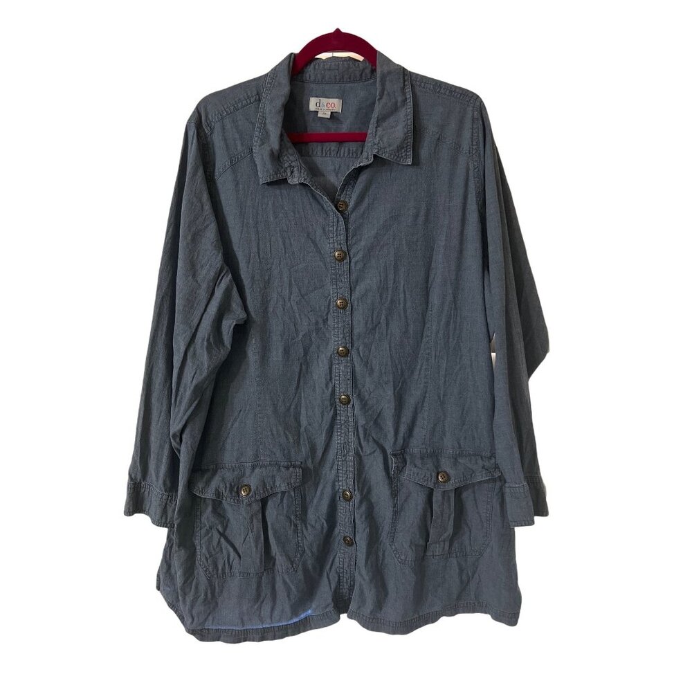 D&Co Denim Button-Front 2X Shirt Jacket With Pockets Blue Long Sleeve Womens Cas
